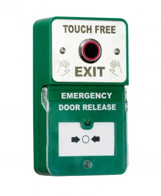 RGL DU-NT/TF Dual Unit - ''No Touch'' - Stainless Steel plate and Sensor (illuminated) and combined Emergency Release Button (resettable) surface mounted, includes back box. IP24