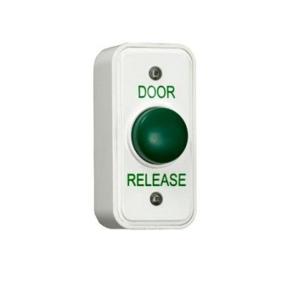 RGL EBGB05P/DR/W Architrave white Plastic button surface mounted with green domed button, includes back box with security screws. IP54