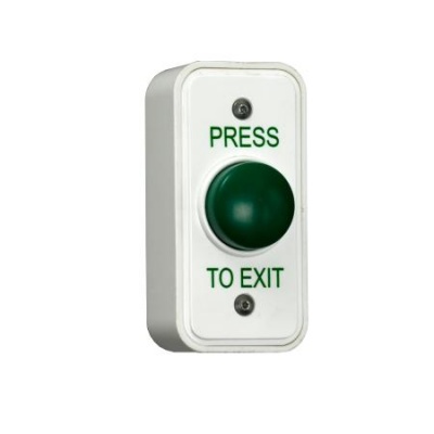 RGL EBGB05P/PTE/W Architrave white Plastic button surface mounted with green domed button, includes back box with security screws. IP54