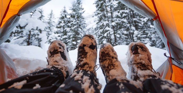 boots in tent with snow